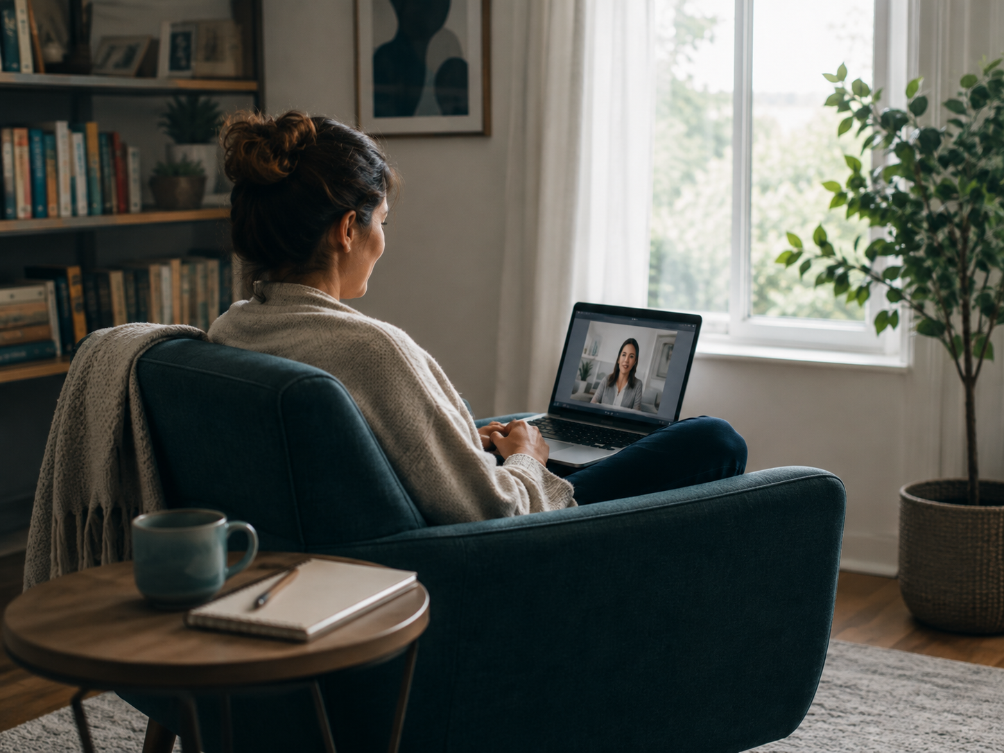 A patient joining a secure telehealth psychiatric appointment from the comfort of home